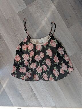 audrey Black Floral Spaghetti Strap Camisole with Pink Roses